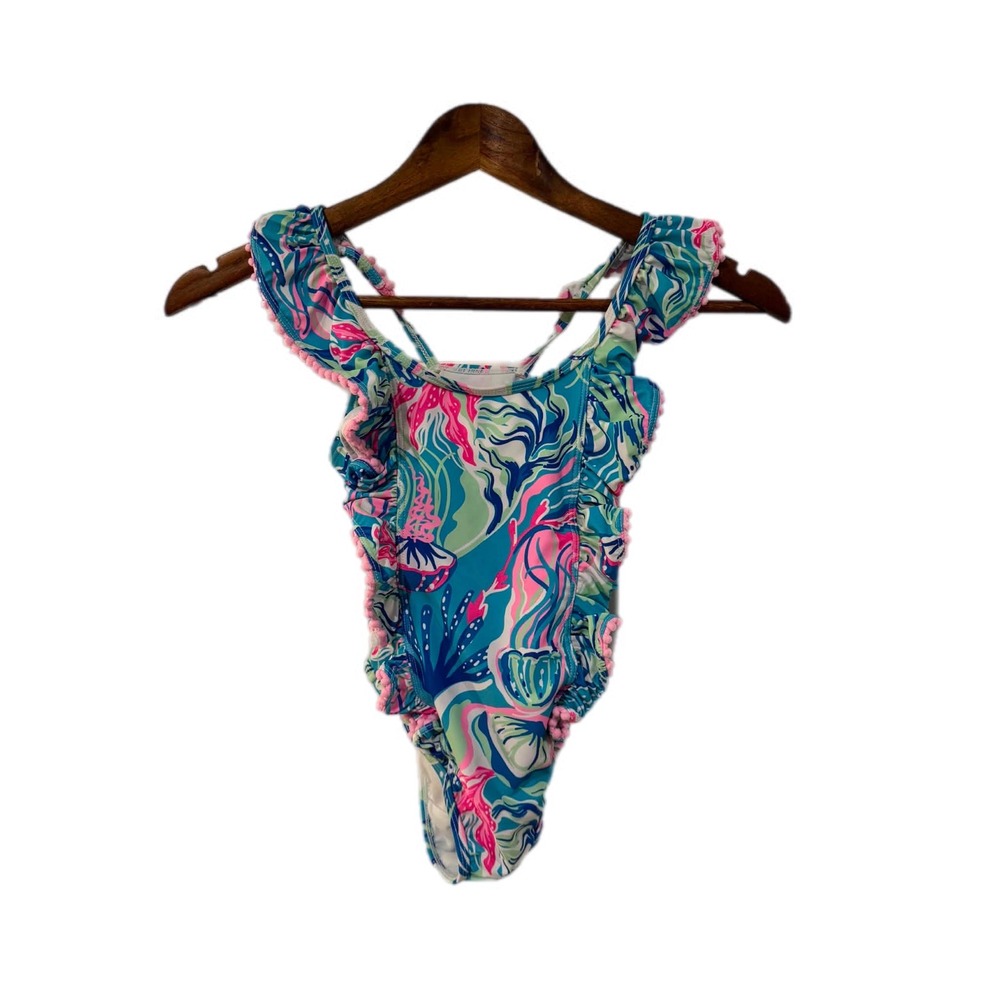 Tommy Bahama Swimsuit One Piece Kids Size 7 Blue Pink Tropical Ruffle Pom Pom EX